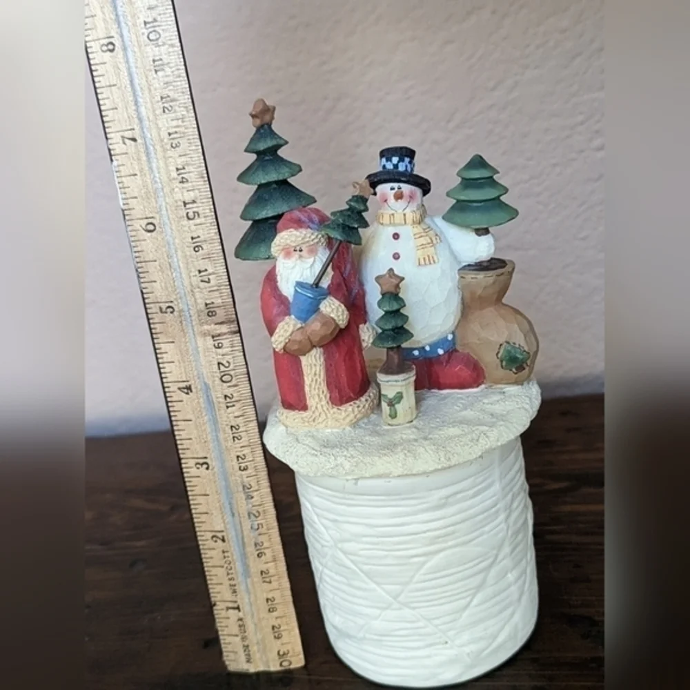 VTG Rustic Christmas Candle Holder With Topper Santa‎ And Snowman 7 1/2